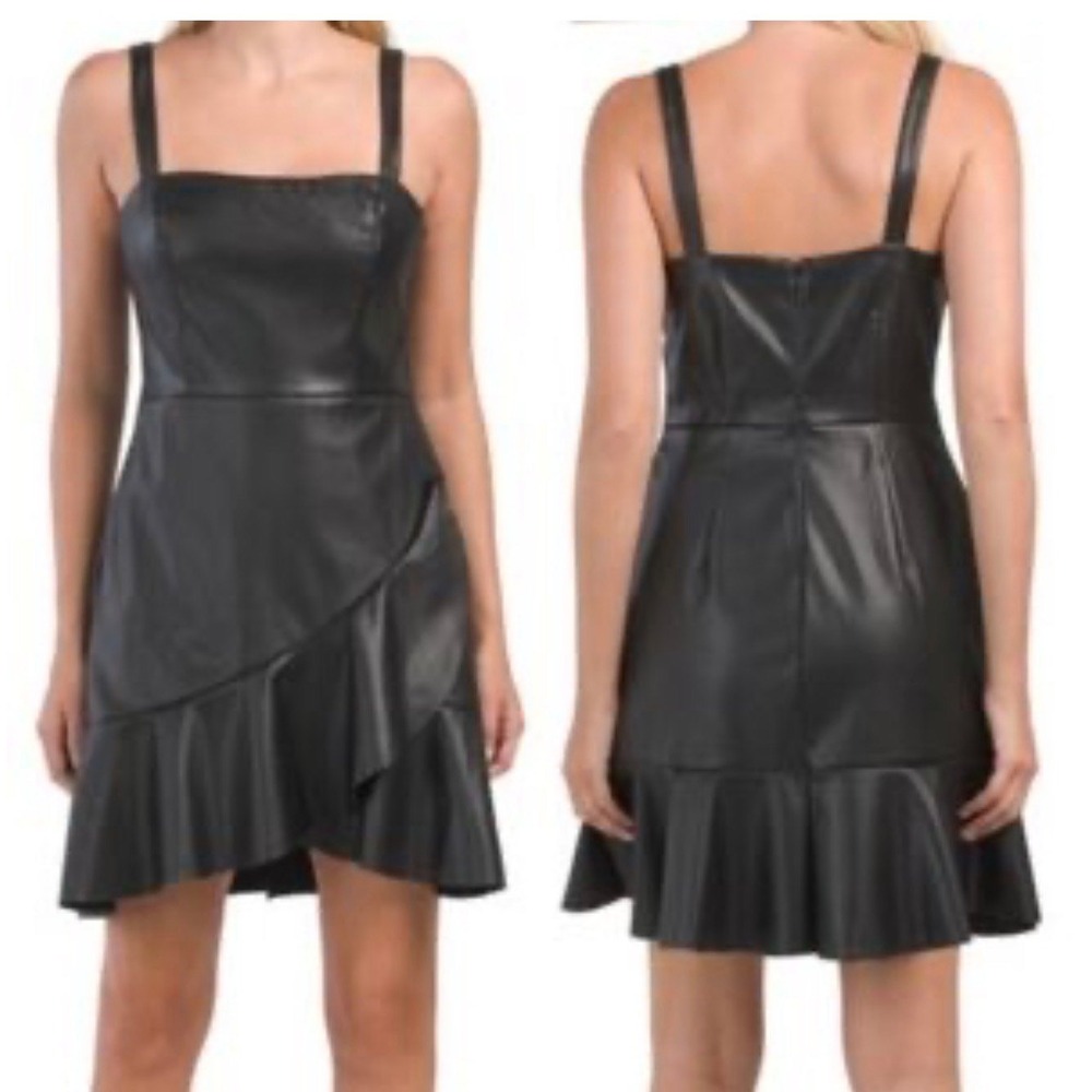NWT BCBG Generation Black Faux Leather Ruffle Mini Dress Size M